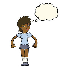 cartoon curious woman with thought bubble