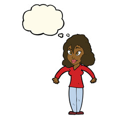 cartoon woman shrugging shoulders with thought bubble