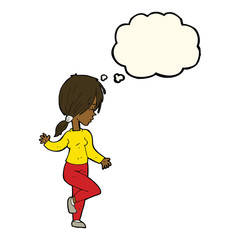 cartoon girl dancing with thought bubble