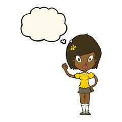 cartoon pretty girl waving with thought bubble