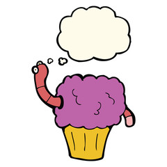 cartoon worm in cupcake with thought bubble