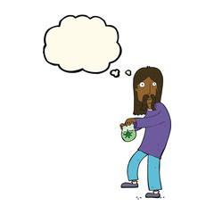 cartoon hippie man with bag of weed with thought bubble