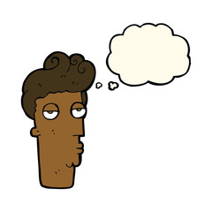 cartoon bored man's face with thought bubble