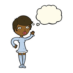 cartoon pretty woman waving with thought bubble