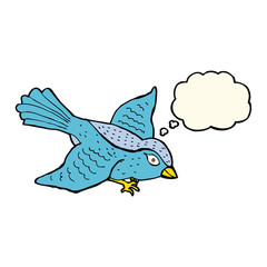 cartoon flying bird with thought bubble
