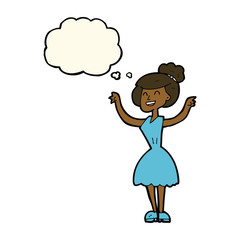 cartoon woman with raised arms with thought bubble
