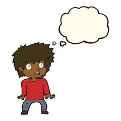 cartoon frightened boy with thought bubble