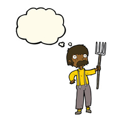 cartoon farmer with pitchfork with thought bubble