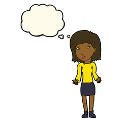 cartoon woman shrugging shoulders with thought bubble