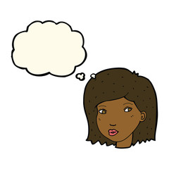cartoon female face with thought bubble