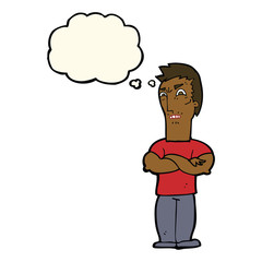 cartoon annoyed man with folded arms with thought bubble