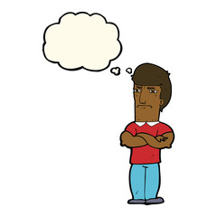 cartoon annoyed man with folded arms with thought bubble