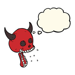 cartoon spooky skull with thought bubble