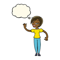 cartoon woman waving with thought bubble