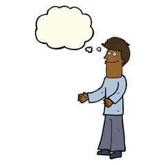 cartoon man shrugging shoulders with thought bubble