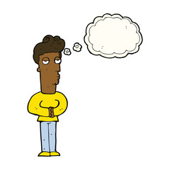 cartoon jaded man with thought bubble