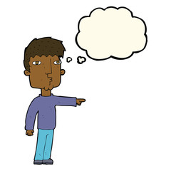cartoon pointing man with thought bubble