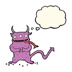 cartoon little demon with thought bubble