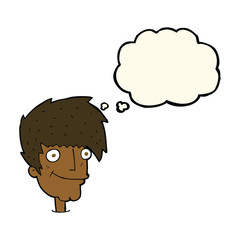 cartoon smiling man with thought bubble