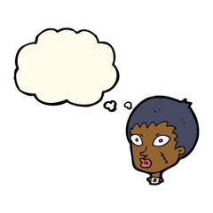 cartoon female zombie head with thought bubble
