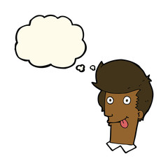 cartoon man with tongue hanging out with thought bubble