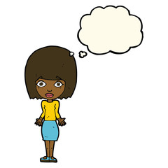 cartoon woman shrugging shoulders with thought bubble