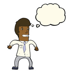 cartoon nervous businessman with thought bubble