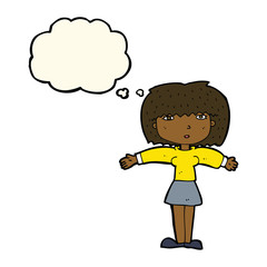cartoon woman shrugging shoulders with thought bubble