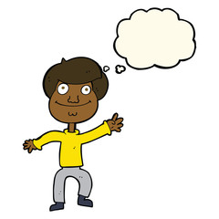 cartoon happy man waving with thought bubble