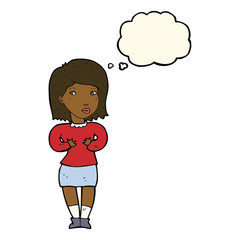 cartoon woman making excuses with thought bubble