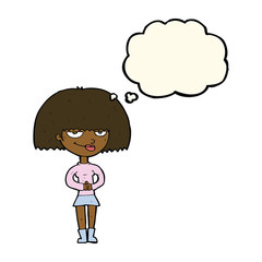 cartoon sly woman with thought bubble