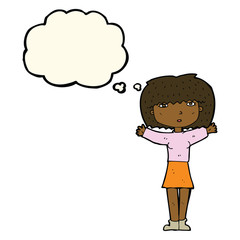 cartoon woman raising arms in air with thought bubble
