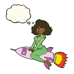 cartoon army pin up girl riding missile with thought bubble