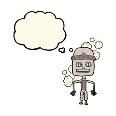 funny cartoon old robot with thought bubble