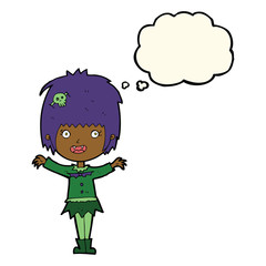 cartoon happy vampire girl with thought bubble