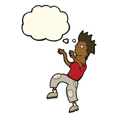 cartoon happy man doing funny dance with thought bubble