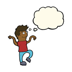 cartoon happy man doing funny dance with thought bubble