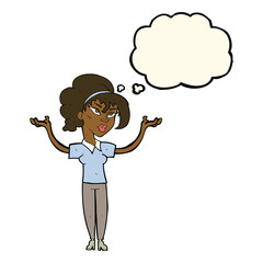 cartoon woman raising hands in air with thought bubble
