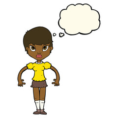 cartoon woman looking annoyed with thought bubble