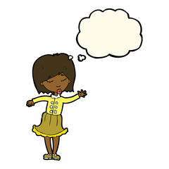 cartoon waving woman with thought bubble