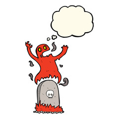 cartoon ghost rising from grave with thought bubble