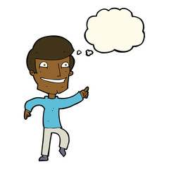 cartoon happy man pointing with thought bubble