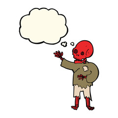 cartoon skeleton waving with thought bubble