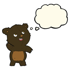 cartoon cute waving black bear teddy with thought bubble