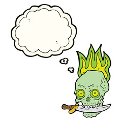 cartoon pirate skull with knife in teeth with thought bubble