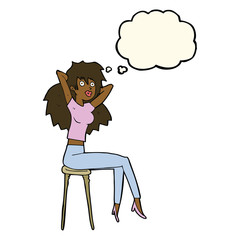 cartoon woman posing on stool with thought bubble