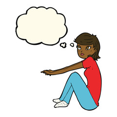 cartoon pretty girl sitting with thought bubble