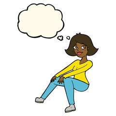 cartoon happy woman sitting with thought bubble