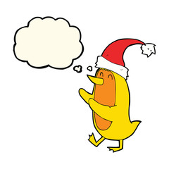 cartoon bird wearing xmas hat with thought bubble