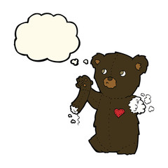 cartoon teddy black bear with torn arm with thought bubble